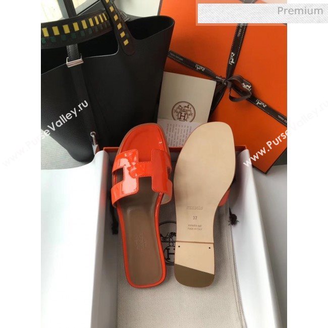 Hermes Patent Calfskin Leather Oran H Flat Slipper Sandals Orange 02 (MD-20040118)