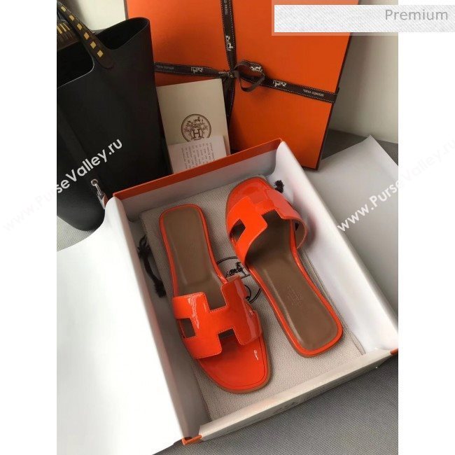 Hermes Patent Calfskin Leather Oran H Flat Slipper Sandals Orange 02 (MD-20040118)