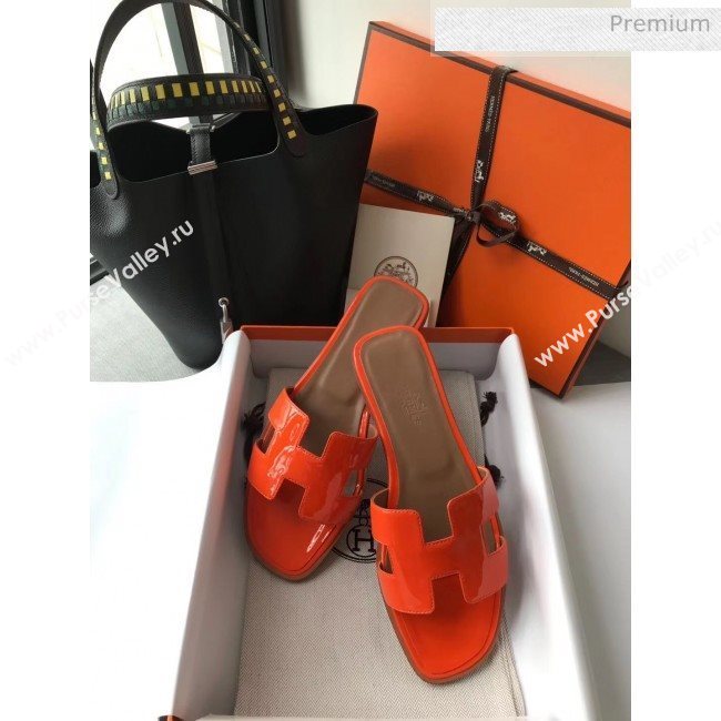 Hermes Patent Calfskin Leather Oran H Flat Slipper Sandals Orange 02 (MD-20040118)