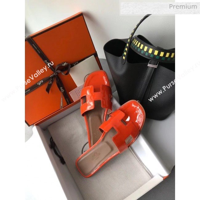 Hermes Patent Calfskin Leather Oran H Flat Slipper Sandals Orange 02 (MD-20040118)