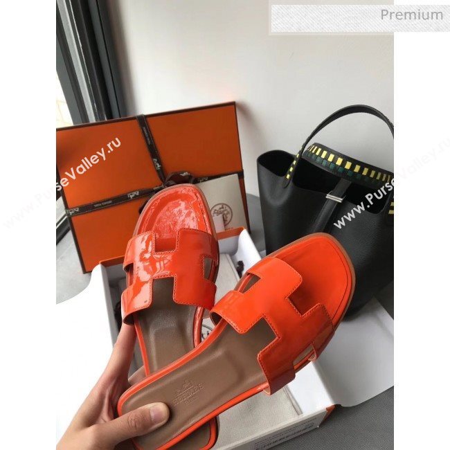 Hermes Patent Calfskin Leather Oran H Flat Slipper Sandals Orange 02 (MD-20040118)