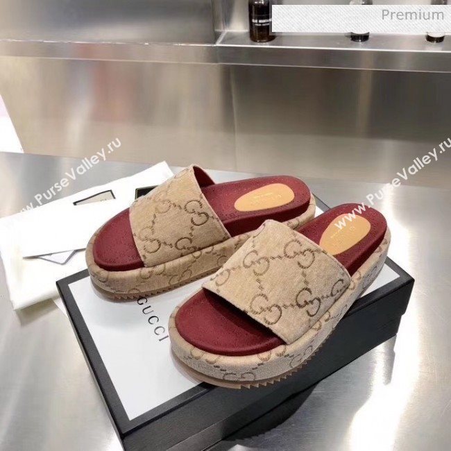 Gucci Velvet GG Platform Slide Sandal 573018 Beige 2019 (MD-20033113)