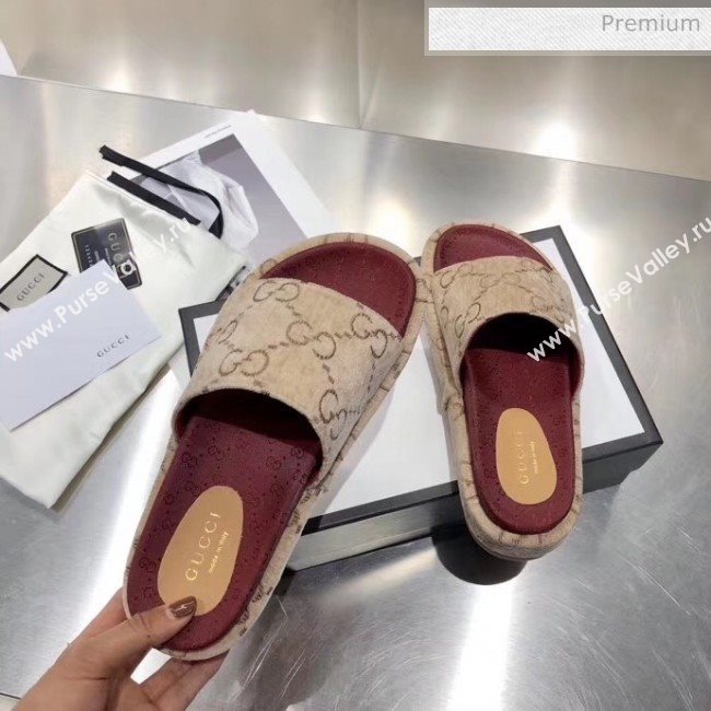 Gucci Velvet GG Platform Slide Sandal 573018 Beige 2019 (MD-20033113)