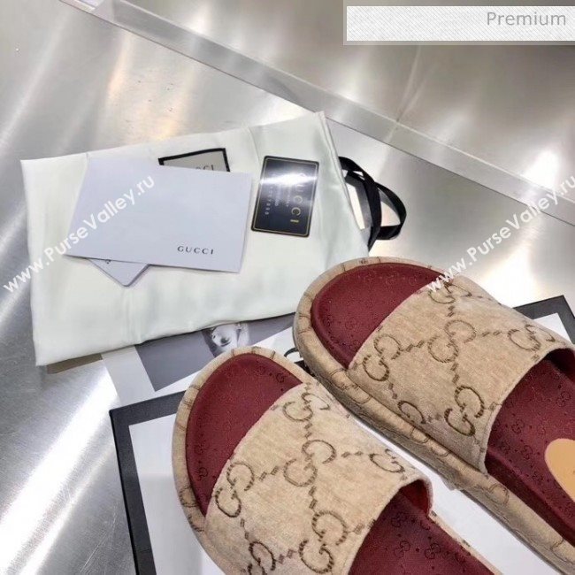 Gucci Velvet GG Platform Slide Sandal 573018 Beige 2019 (MD-20033113)