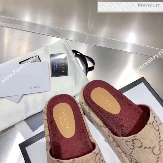 Gucci Velvet GG Platform Slide Sandal 573018 Beige 2019 (MD-20033113)