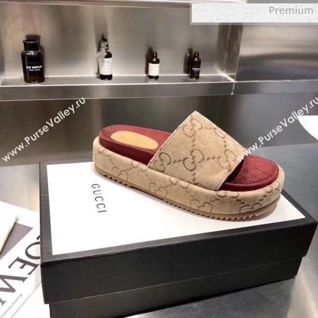 Gucci Velvet GG Platform Slide Sandal 573018 Beige 2019 (MD-20033113)