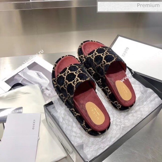 Gucci Velvet GG Platform Slide Sandal 573018 Black 2019 (MD-20033114)
