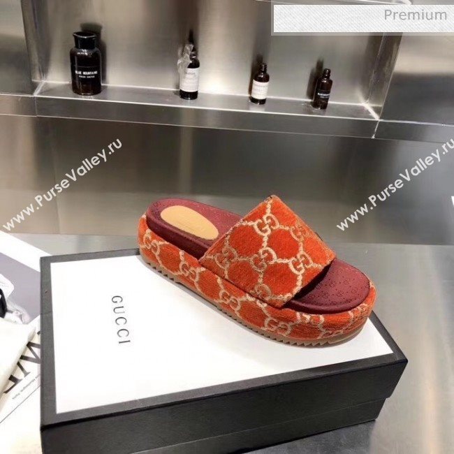 Gucci Velvet GG Platform Slide Sandal 573018 Brown 2019 (MD-20033116)