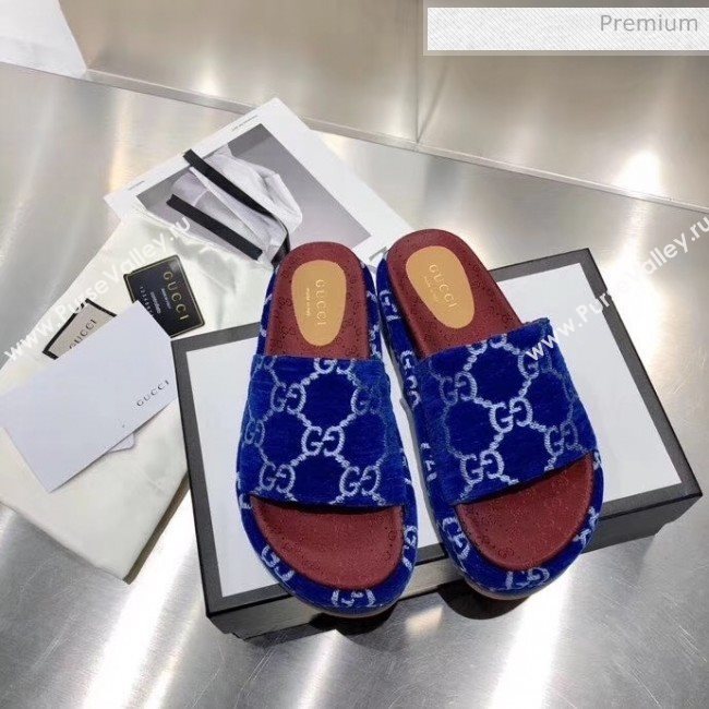 Gucci Velvet GG Platform Slide Sandal 573018 Blue 2019 (MD-20033117)