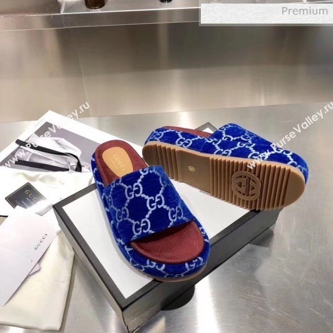 Gucci Velvet GG Platform Slide Sandal 573018 Blue 2019 (MD-20033117)