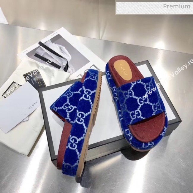 Gucci Velvet GG Platform Slide Sandal 573018 Blue 2019 (MD-20033117)