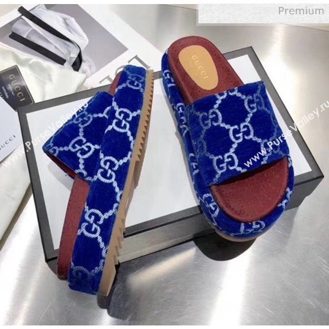 Gucci Velvet GG Platform Slide Sandal 573018 Blue 2019 (MD-20033117)