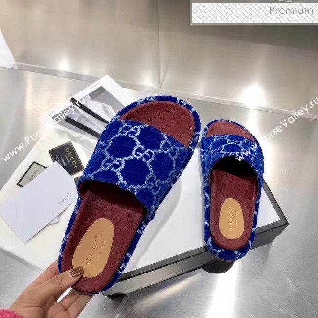 Gucci Velvet GG Platform Slide Sandal 573018 Blue 2019 (MD-20033117)