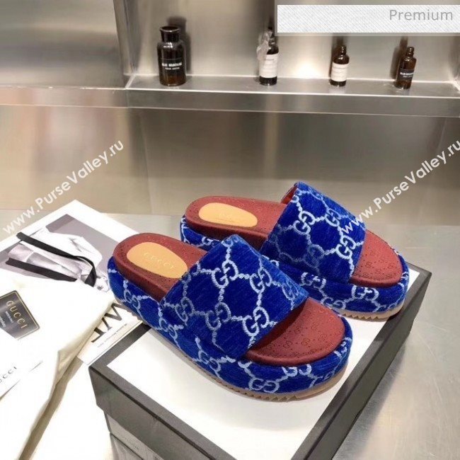 Gucci Velvet GG Platform Slide Sandal 573018 Blue 2019 (MD-20033117)