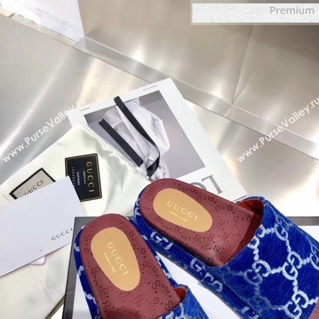 Gucci Velvet GG Platform Slide Sandal 573018 Blue 2019 (MD-20033117)