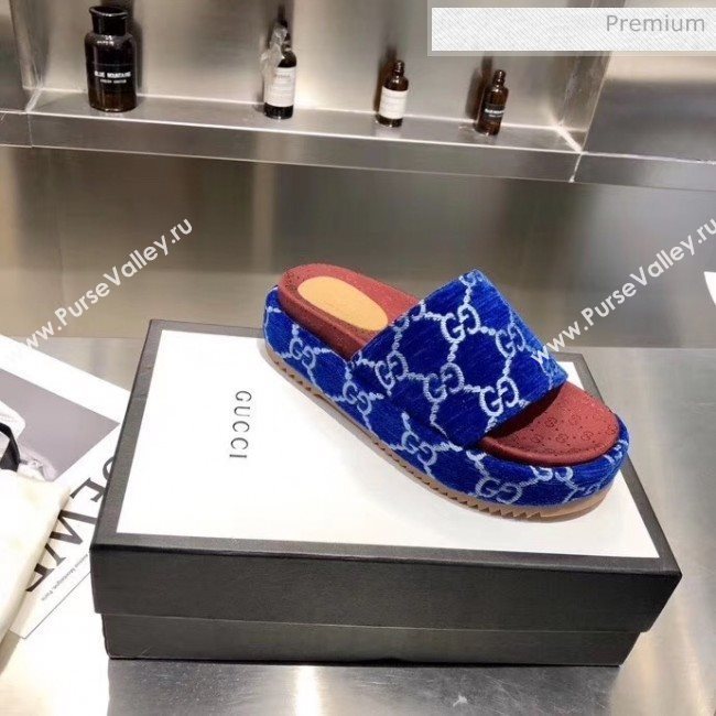 Gucci Velvet GG Platform Slide Sandal 573018 Blue 2019 (MD-20033117)