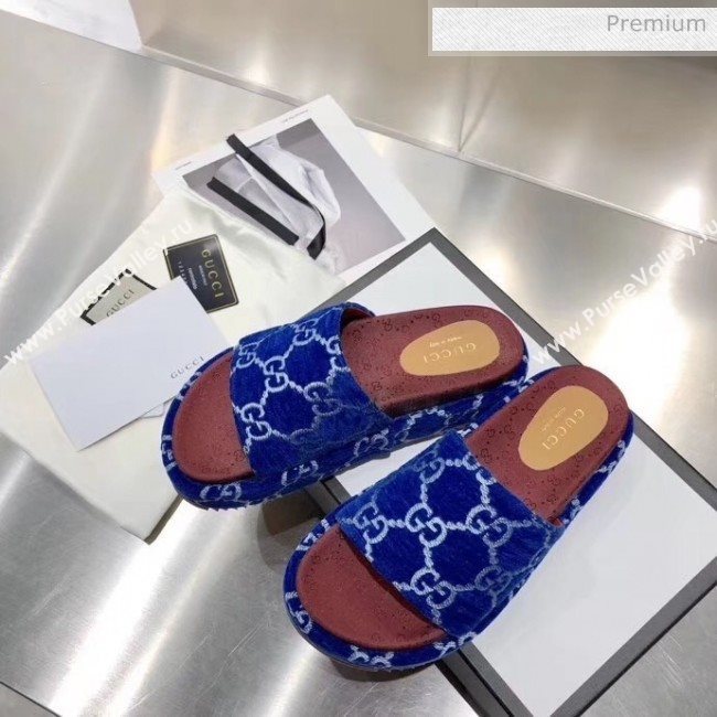 Gucci Velvet GG Platform Slide Sandal 573018 Blue 2019 (MD-20033117)