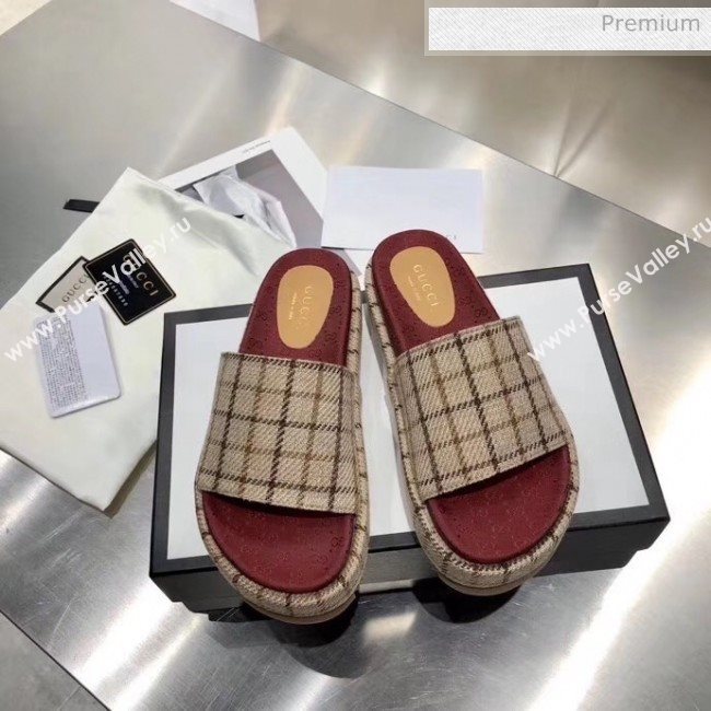 Gucci Plaid Canvas Platform Slide Sandal 573018 Beige 2019 (MD-20033118)