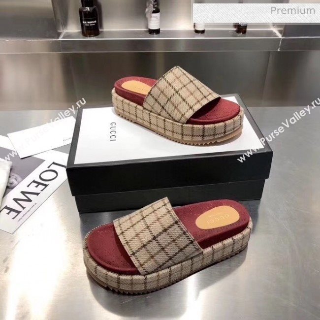 Gucci Plaid Canvas Platform Slide Sandal 573018 Beige 2019 (MD-20033118)