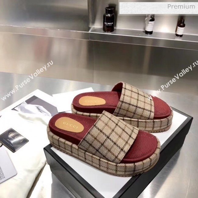 Gucci Plaid Canvas Platform Slide Sandal 573018 Beige 2019 (MD-20033118)