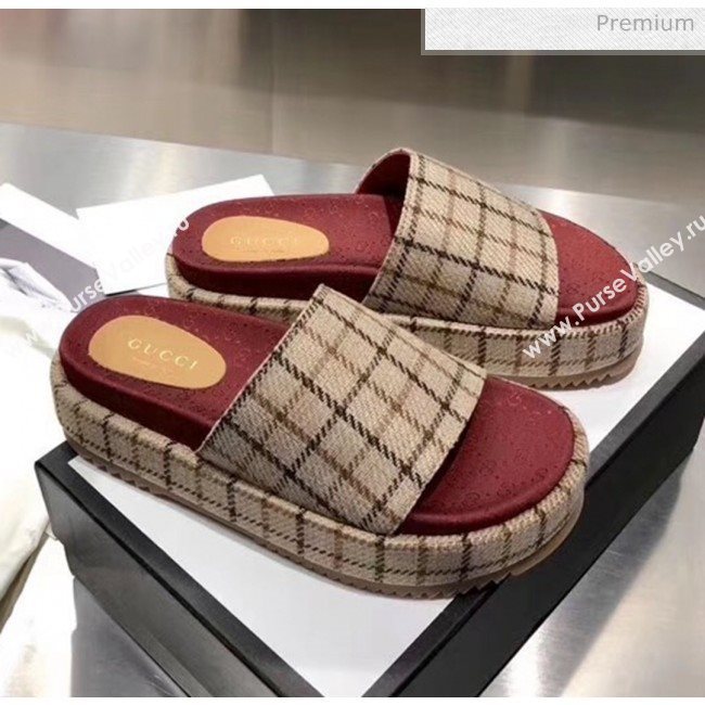 Gucci Plaid Canvas Platform Slide Sandal 573018 Beige 2019 (MD-20033118)