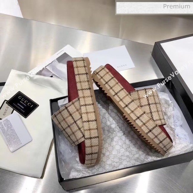 Gucci Plaid Canvas Platform Slide Sandal 573018 Beige 2019 (MD-20033118)