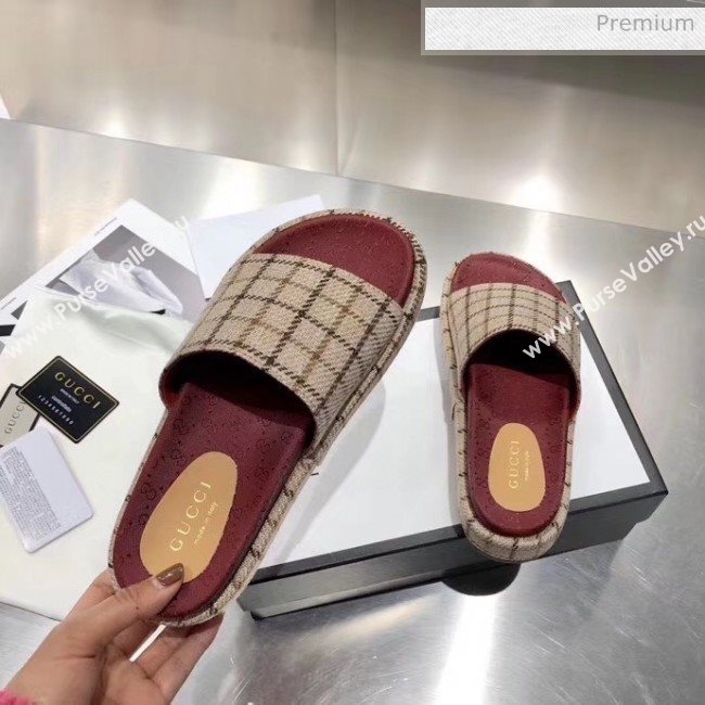 Gucci Plaid Canvas Platform Slide Sandal 573018 Beige 2019 (MD-20033118)