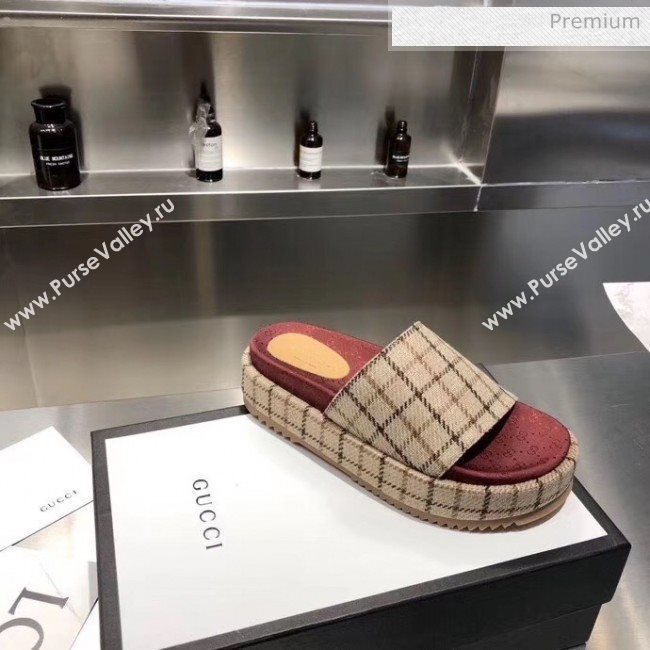 Gucci Plaid Canvas Platform Slide Sandal 573018 Beige 2019 (MD-20033118)