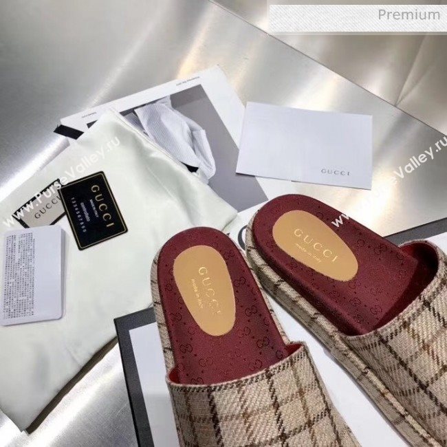 Gucci Plaid Canvas Platform Slide Sandal 573018 Beige 2019 (MD-20033118)