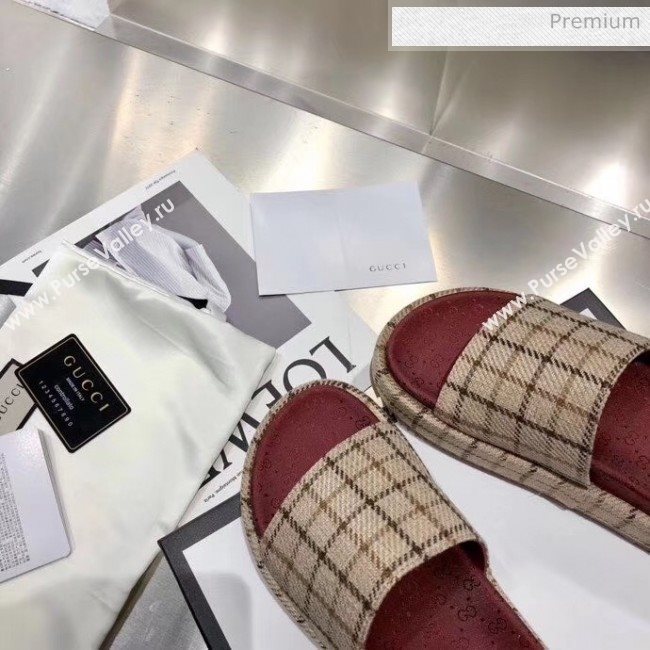 Gucci Plaid Canvas Platform Slide Sandal 573018 Beige 2019 (MD-20033118)