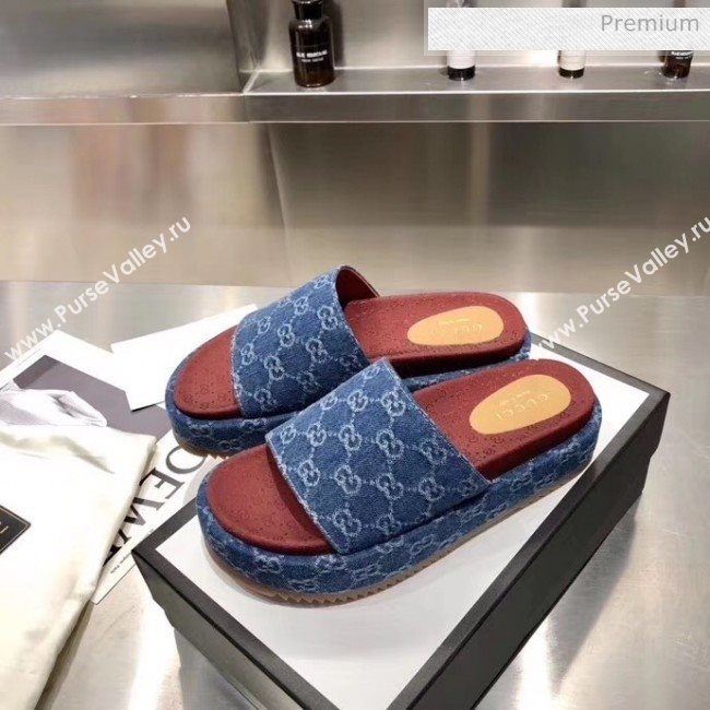 Gucci Denim Blue GG Platform Slide Sandal 573018 2019 (MD-20033119)