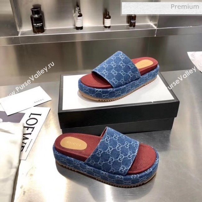 Gucci Denim Blue GG Platform Slide Sandal 573018 2019 (MD-20033119)