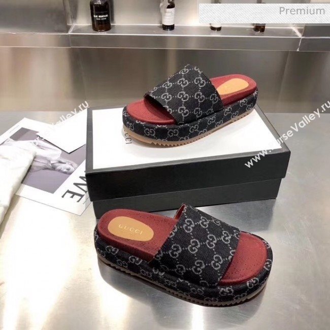 Gucci Denim Black GG Platform Slide Sandal 573018 2019 (MD-20033120)