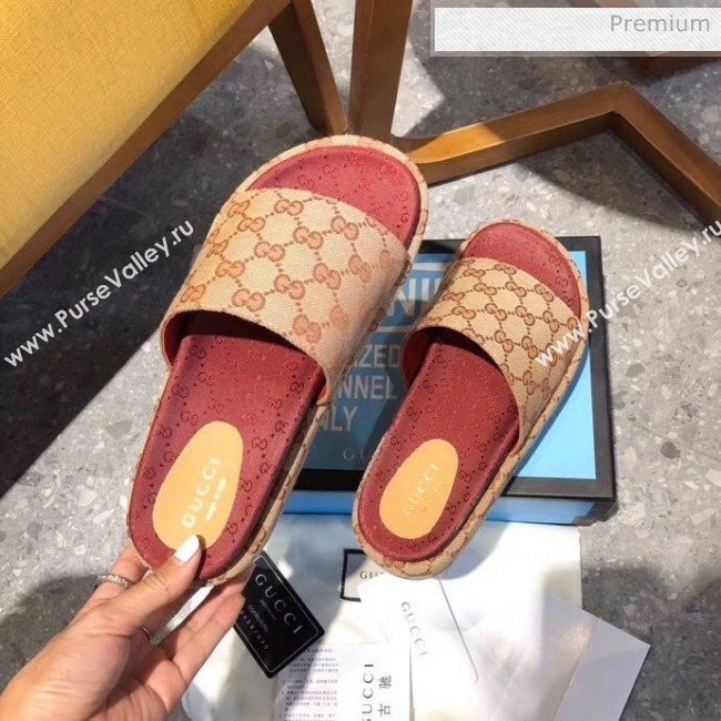 Gucci Beige GG Canvas Platform Slide Sandal 573018 2019 (MD-20033122)