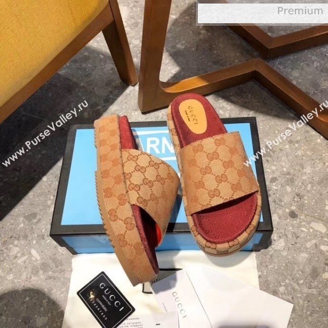 Gucci Beige GG Canvas Platform Slide Sandal 573018 2019 (MD-20033122)