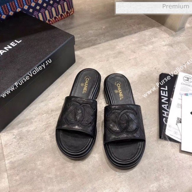 Chanel CC Quilted Leather Flat Slide Sandals Black 2020 (MD-20033125)