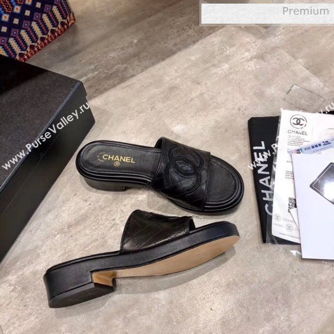 Chanel CC Quilted Leather Flat Slide Sandals Black 2020 (MD-20033125)