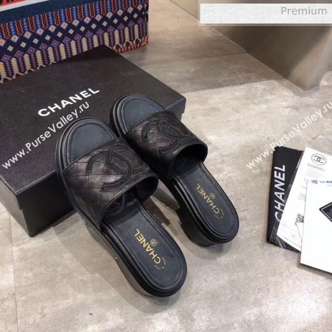 Chanel CC Quilted Leather Flat Slide Sandals Black 2020 (MD-20033125)