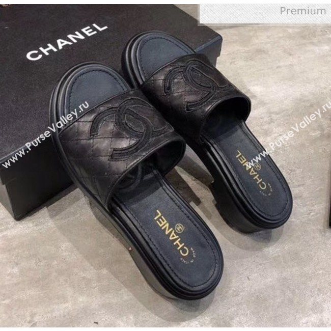 Chanel CC Quilted Leather Flat Slide Sandals Black 2020 (MD-20033125)