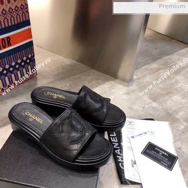 Chanel CC Quilted Leather Flat Slide Sandals Black 2020 (MD-20033125)