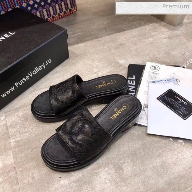 Chanel CC Quilted Leather Flat Slide Sandals Black 2020 (MD-20033125)