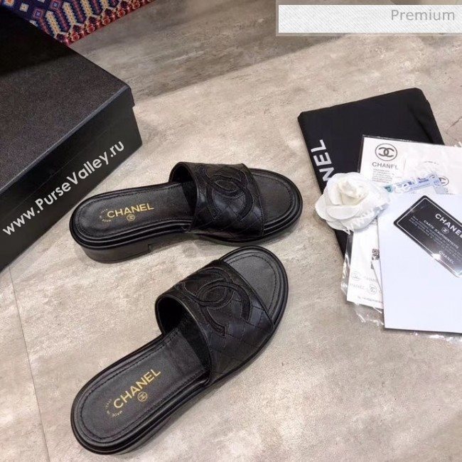 Chanel CC Quilted Leather Flat Slide Sandals Black 2020 (MD-20033125)