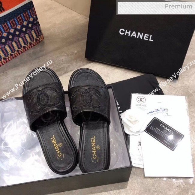 Chanel CC Quilted Leather Flat Slide Sandals Black 2020 (MD-20033125)