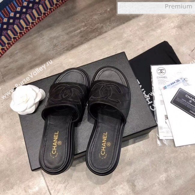 Chanel CC Quilted Leather Flat Slide Sandals Black 2020 (MD-20033125)