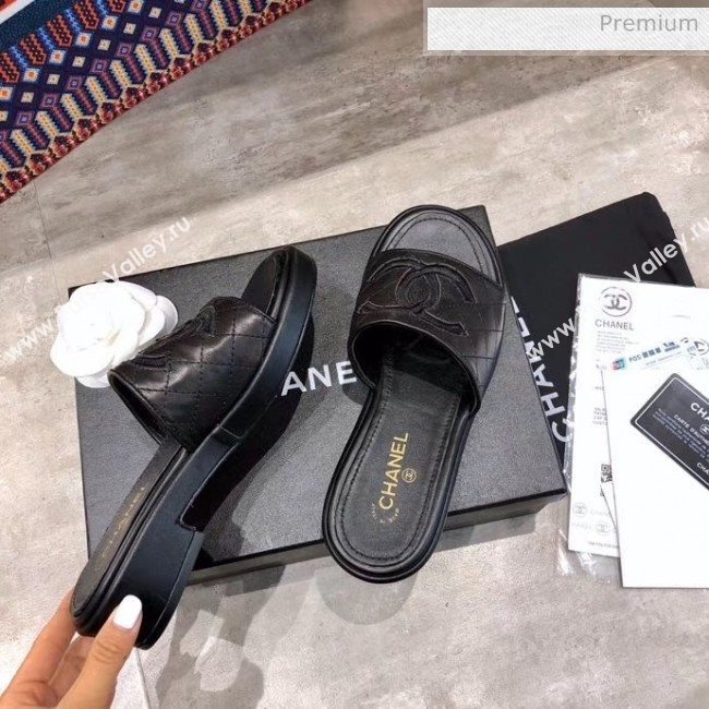 Chanel CC Quilted Leather Flat Slide Sandals Black 2020 (MD-20033125)
