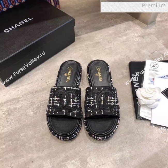 Chanel CC Tweed Flat Slide Sandals Black/White 2020 (MD-20033126)