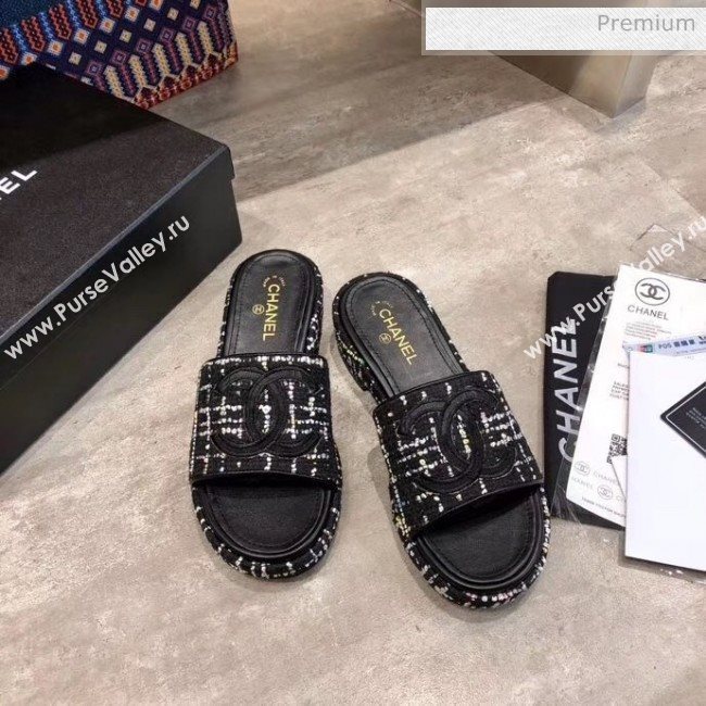 Chanel CC Tweed Flat Slide Sandals Black/White 2020 (MD-20033126)