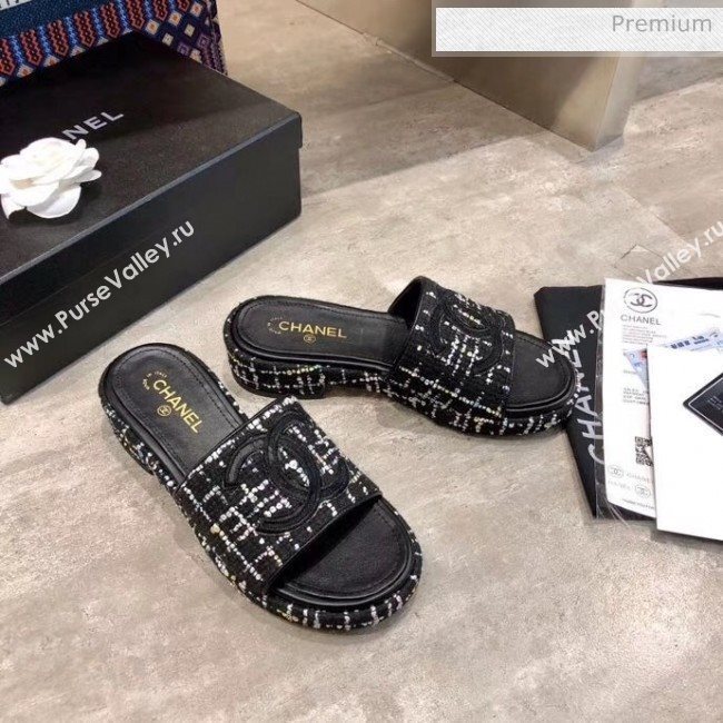 Chanel CC Tweed Flat Slide Sandals Black/White 2020 (MD-20033126)
