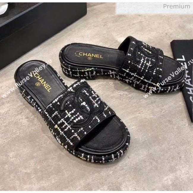 Chanel CC Tweed Flat Slide Sandals Black/White 2020 (MD-20033126)