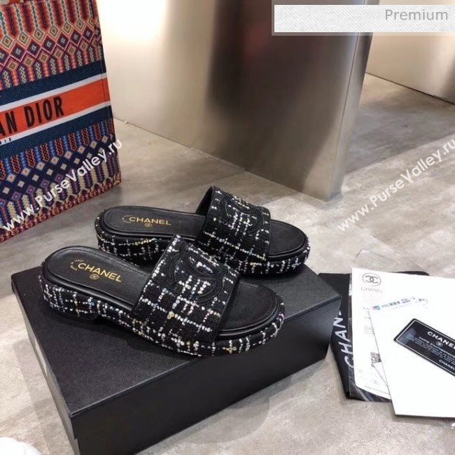 Chanel CC Tweed Flat Slide Sandals Black/White 2020 (MD-20033126)